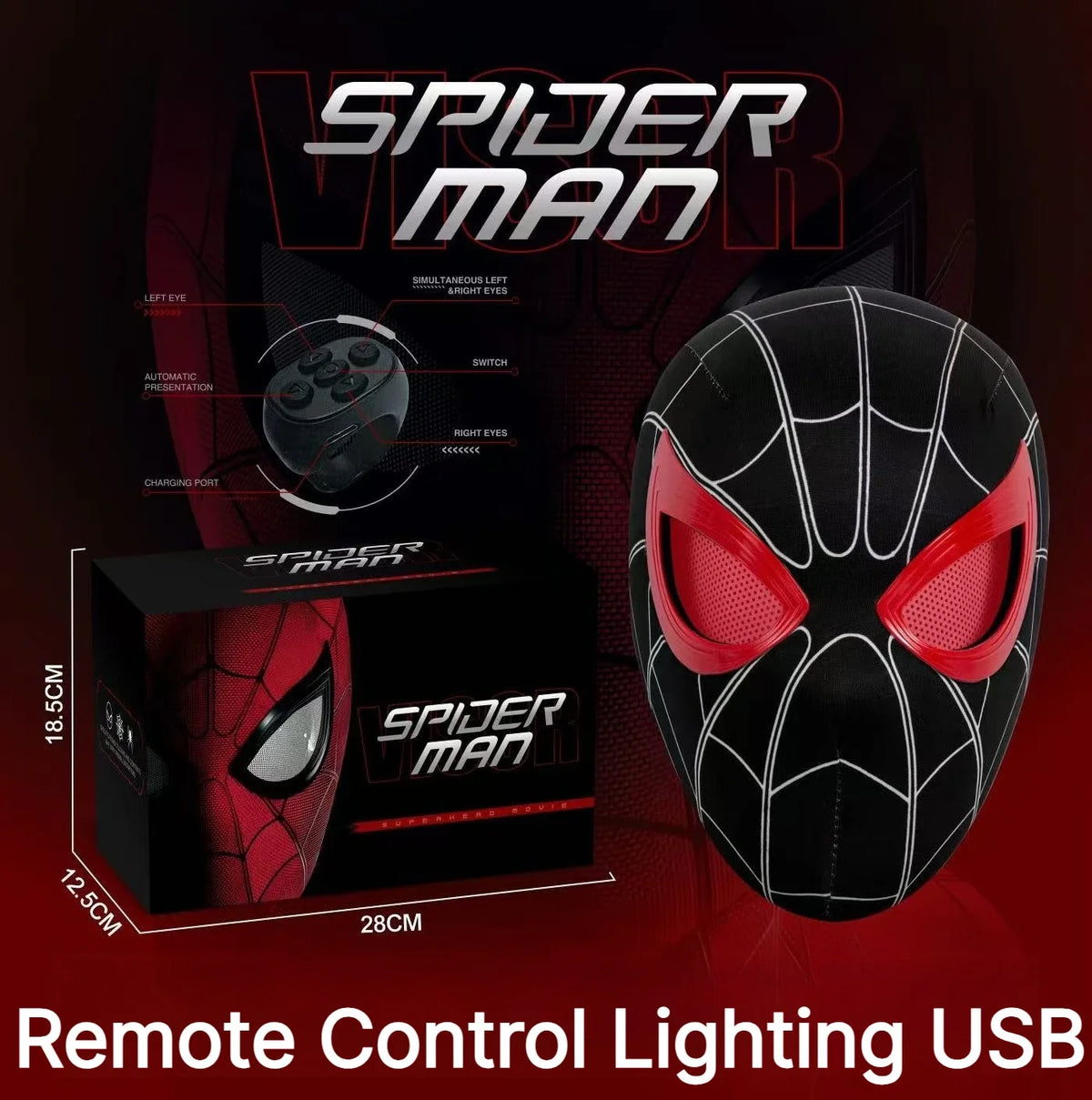 Miles Spider-Man 1:1 Scale Electronic Mask With Moving Glowing Eyes Ring Control Cosplay Toy