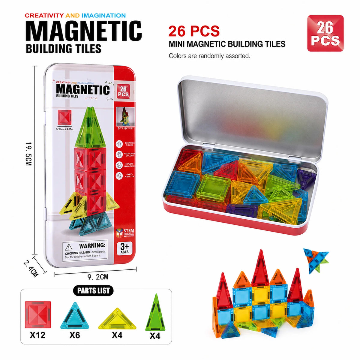 Magnetic Tiles Travel Set Metal Tin Box STEM Building Blocks Colorful ABS Magnet Toy for Kids