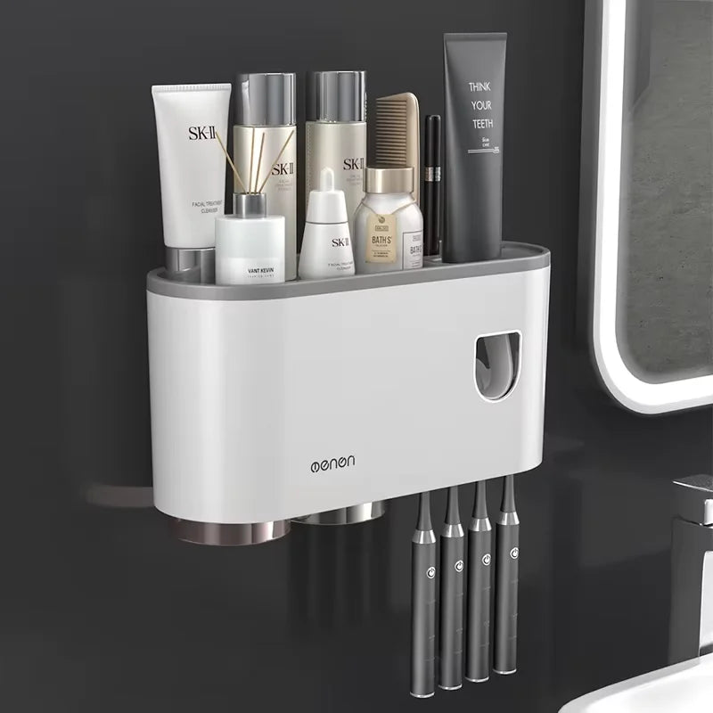 Toothbrush Holder With Automatic Toothpaste Dispenser Wall Mounted Bathroom Storage Organizer