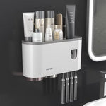 Toothbrush Holder With Automatic Toothpaste Dispenser Wall Mounted Bathroom Storage Organizer