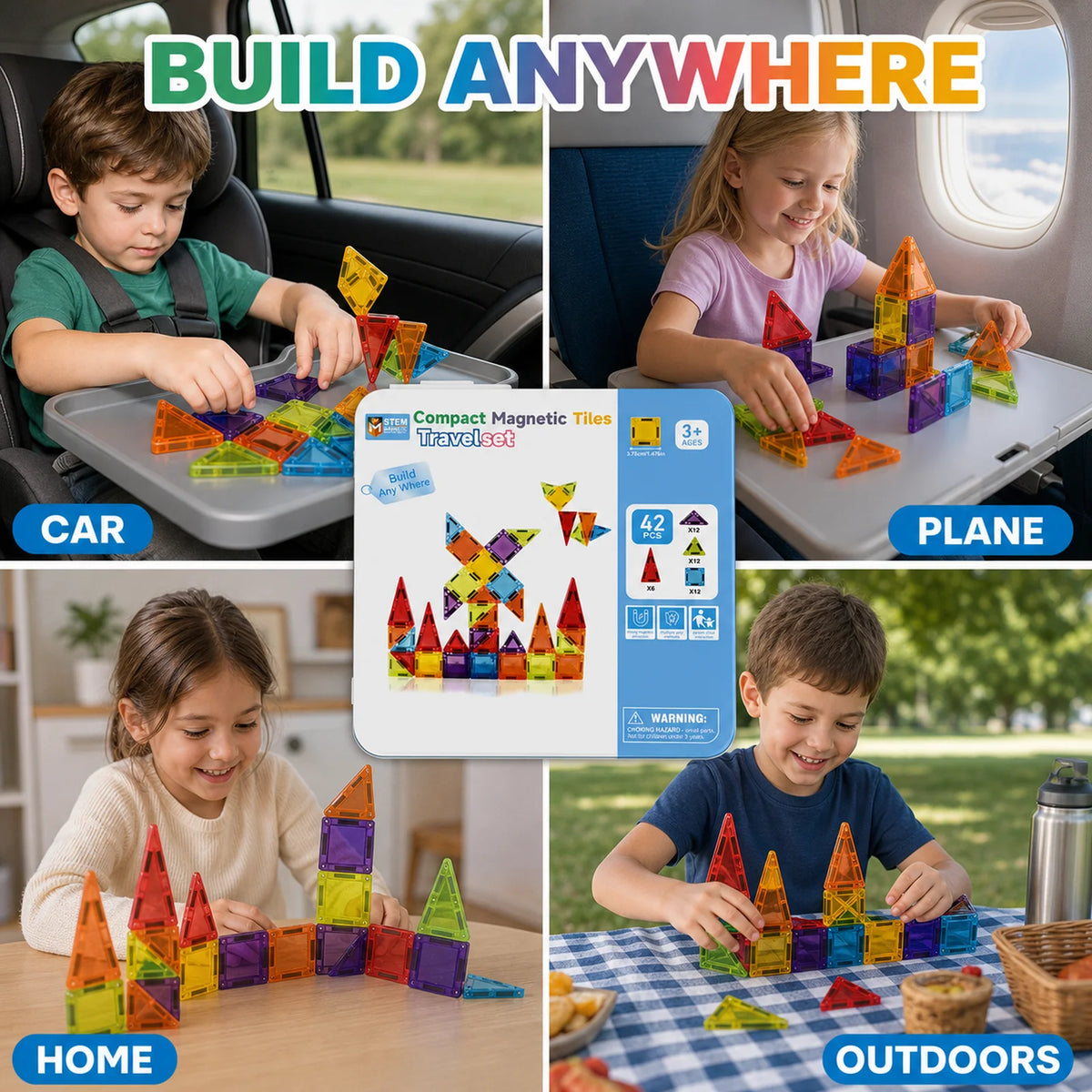 Magnetic Tiles Travel Set Metal Tin Box STEM Building Blocks Colorful ABS Magnet Toy for Kids