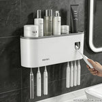 Toothbrush Holder With Automatic Toothpaste Dispenser Wall Mounted Bathroom Storage Organizer