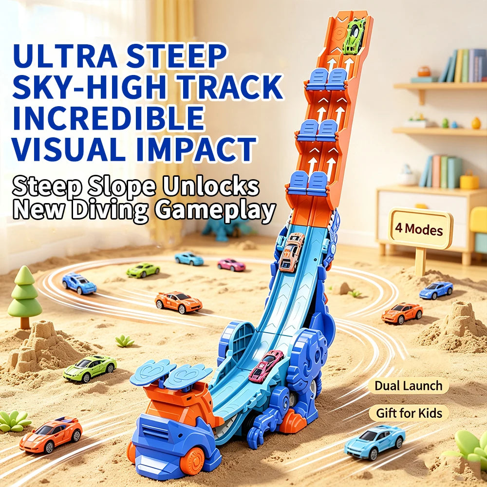 Foldable Dinosaur Transforming Race Track Launcher, 4 Shapes Multi Gameplay Stunt Car Toy