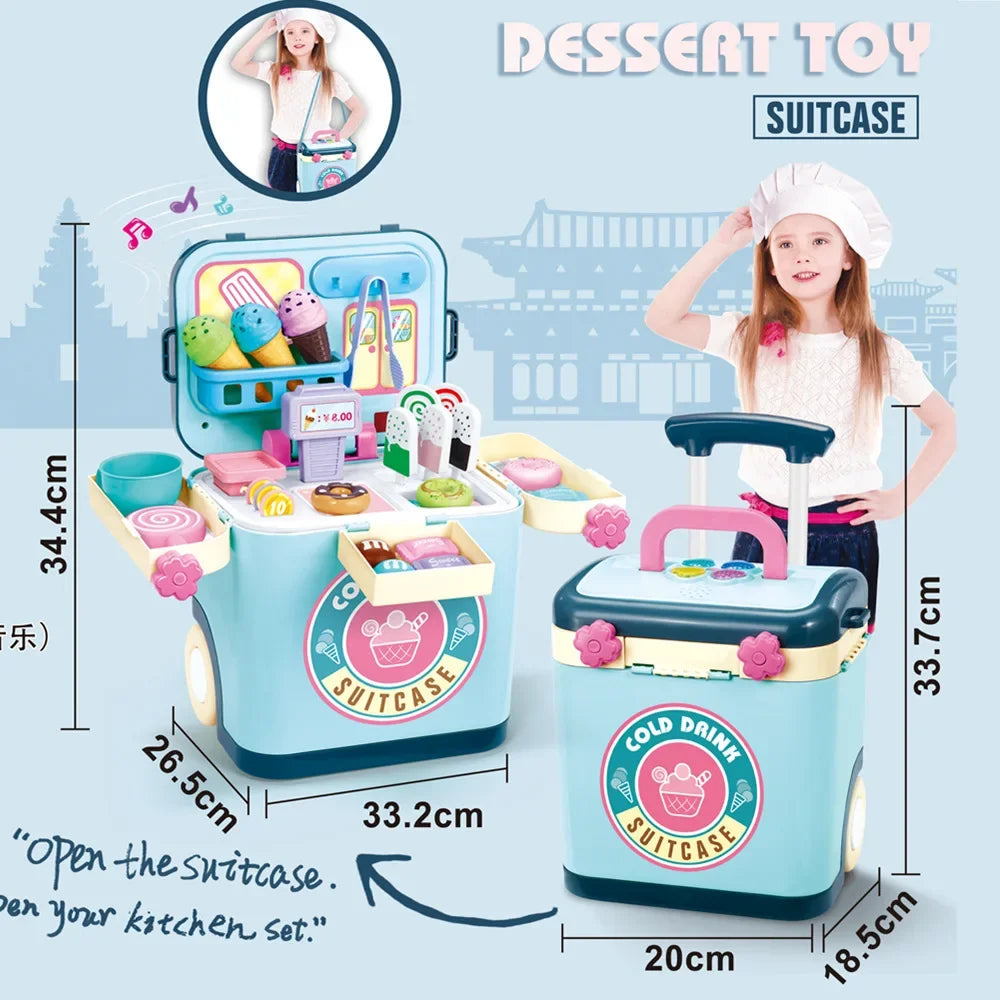 Ice Cream Shop Pretend Play Set Suitcase Cart Toys for Kids