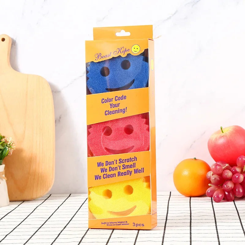 3pcs Smiley Face Cleaning Sponge, Colorful Temperature-Changing Kitchen Sponges, Multi-Purpose