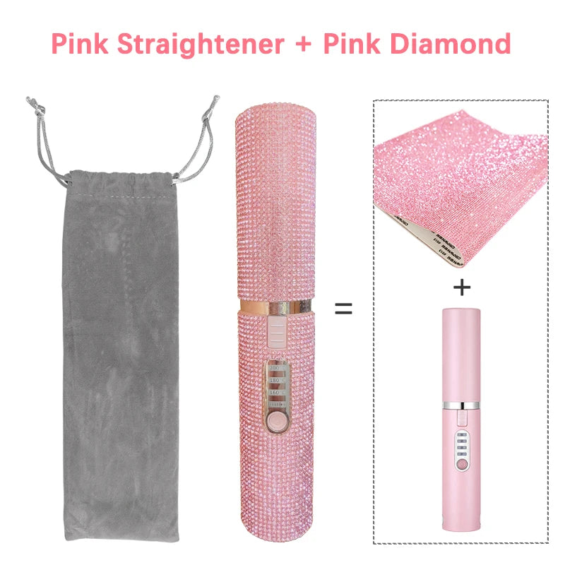2-IN-1 Electric USB Hair Straightener Curler Fashion Colored Diamond  Design Wireless Travel Size
