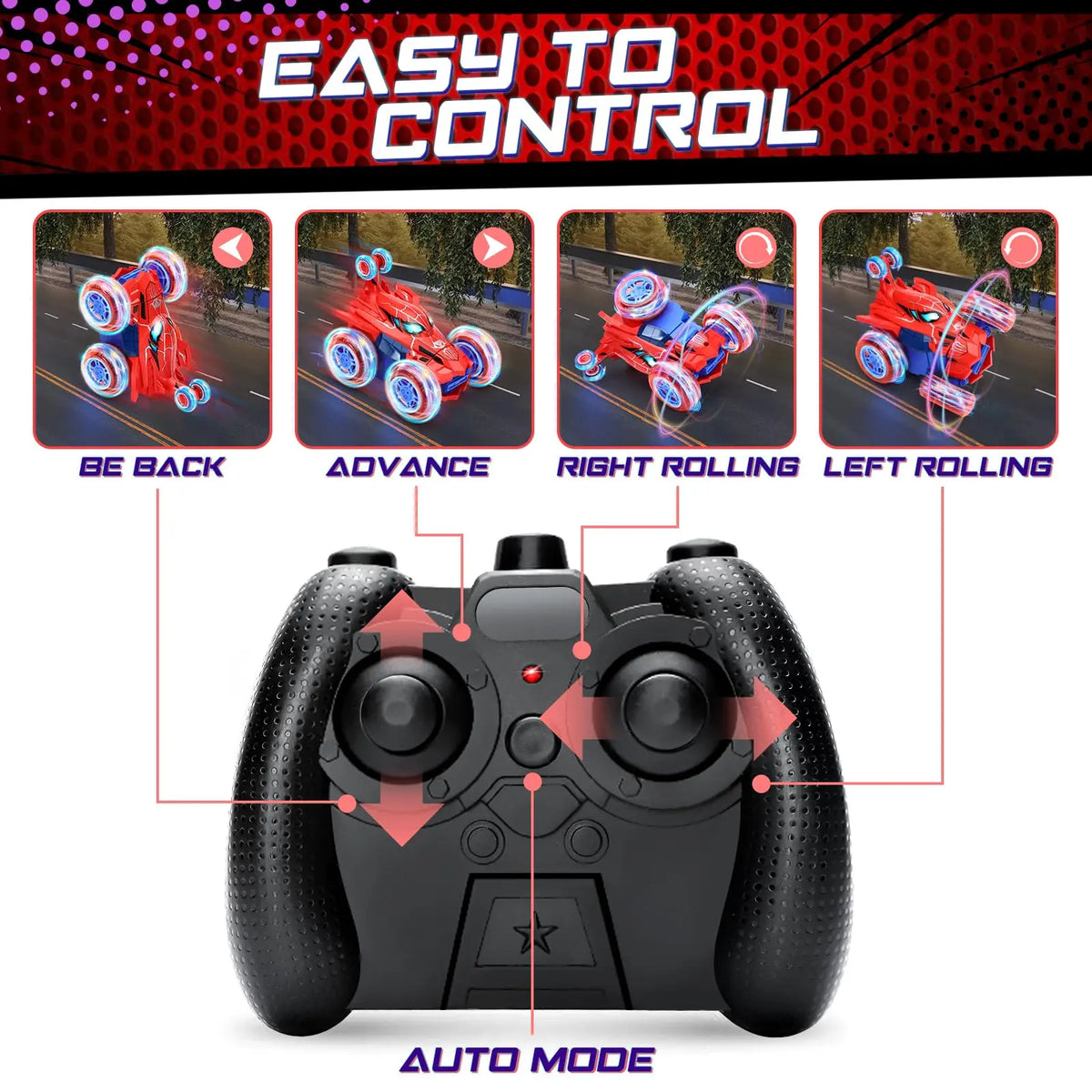 Red RC Car Spider Theme - Tumbling Action, 2.4GHz, Fun Toy