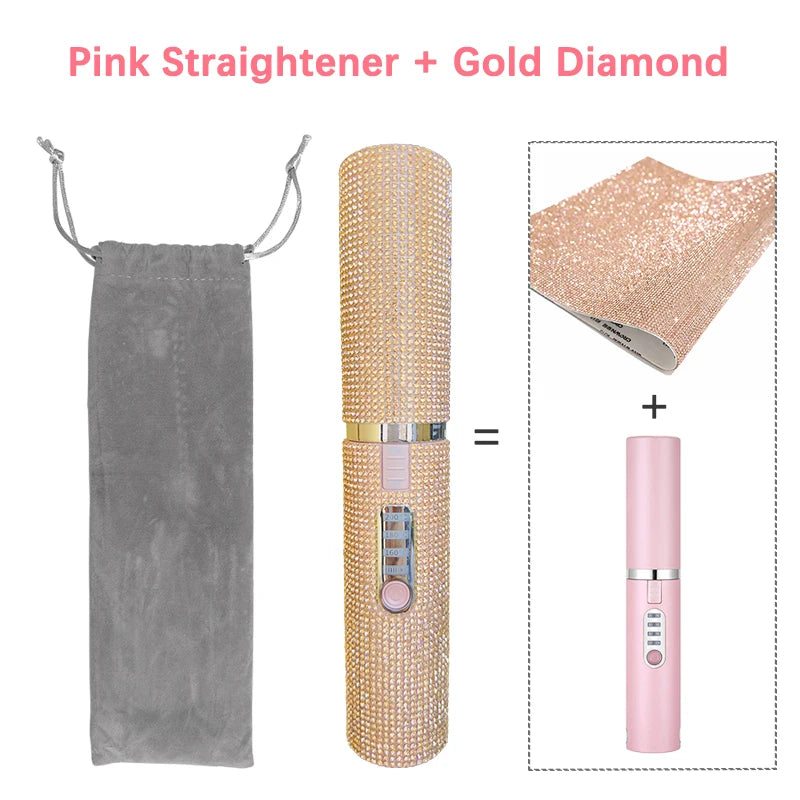 2-IN-1 Electric USB Hair Straightener Curler Fashion Colored Diamond  Design Wireless Travel Size
