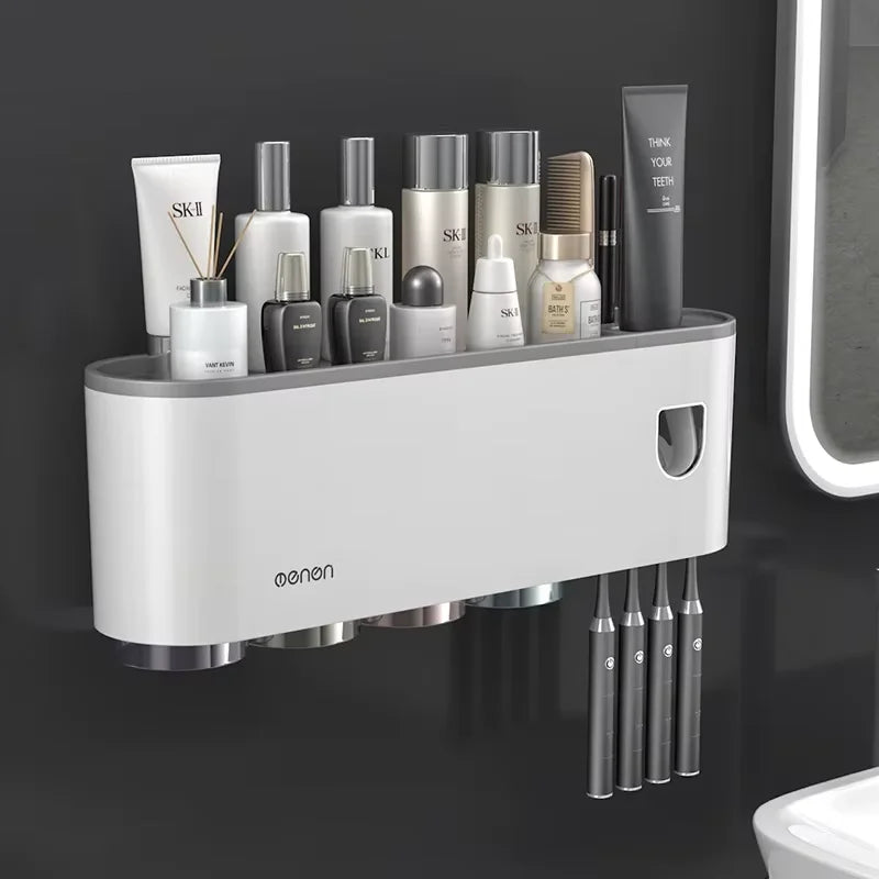 Toothbrush Holder With Automatic Toothpaste Dispenser Wall Mounted Bathroom Storage Organizer