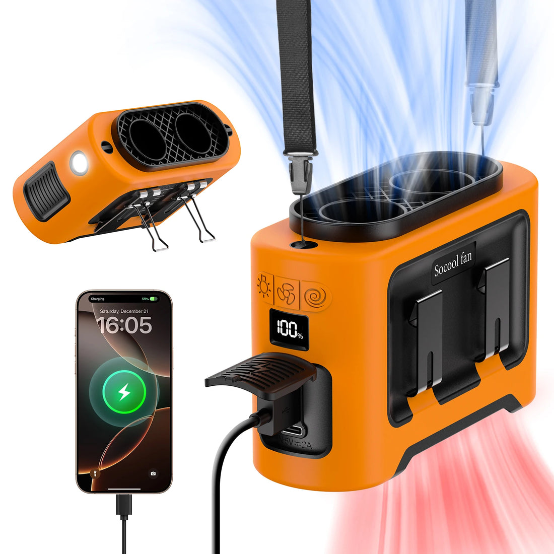 Portable Waist Fan Dual Airflow Outlet Turbo Motors with Four Clips Emergency Flashlight Power Bank for Outdoor