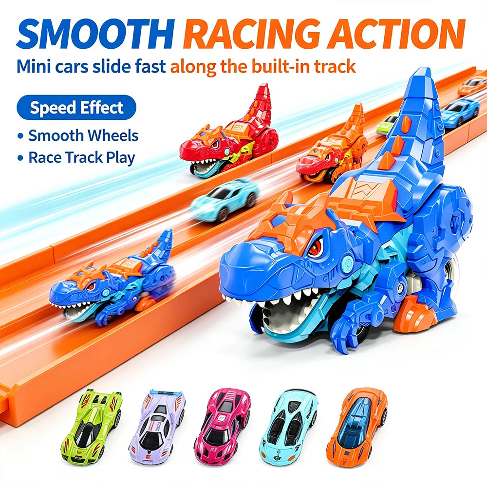 Foldable Dinosaur Transforming Race Track Launcher, 4 Shapes Multi Gameplay Stunt Car Toy