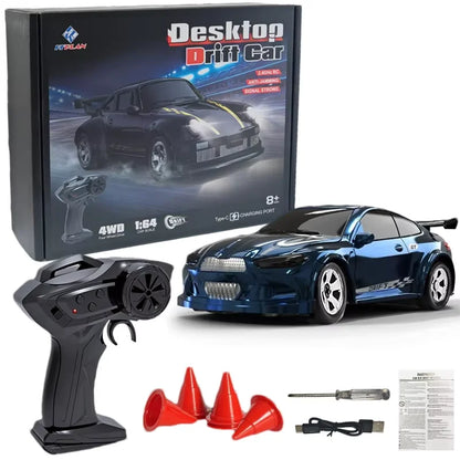 Oike 4WD Remote Control Desktop Car for Adults Kids 1/64 or 1/43 Mini Drift Racing High Speed RC Car with LED Lights Hobby Gift