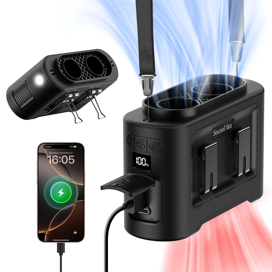 Portable Waist Fan Dual Airflow Outlet Turbo Motors with Four Clips Emergency Flashlight Power Bank for Outdoor