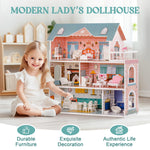 ROBUD Wooden Dollhouse 3 Story 6 Room with 31PCS Furniture Set, Kids Pretend Play