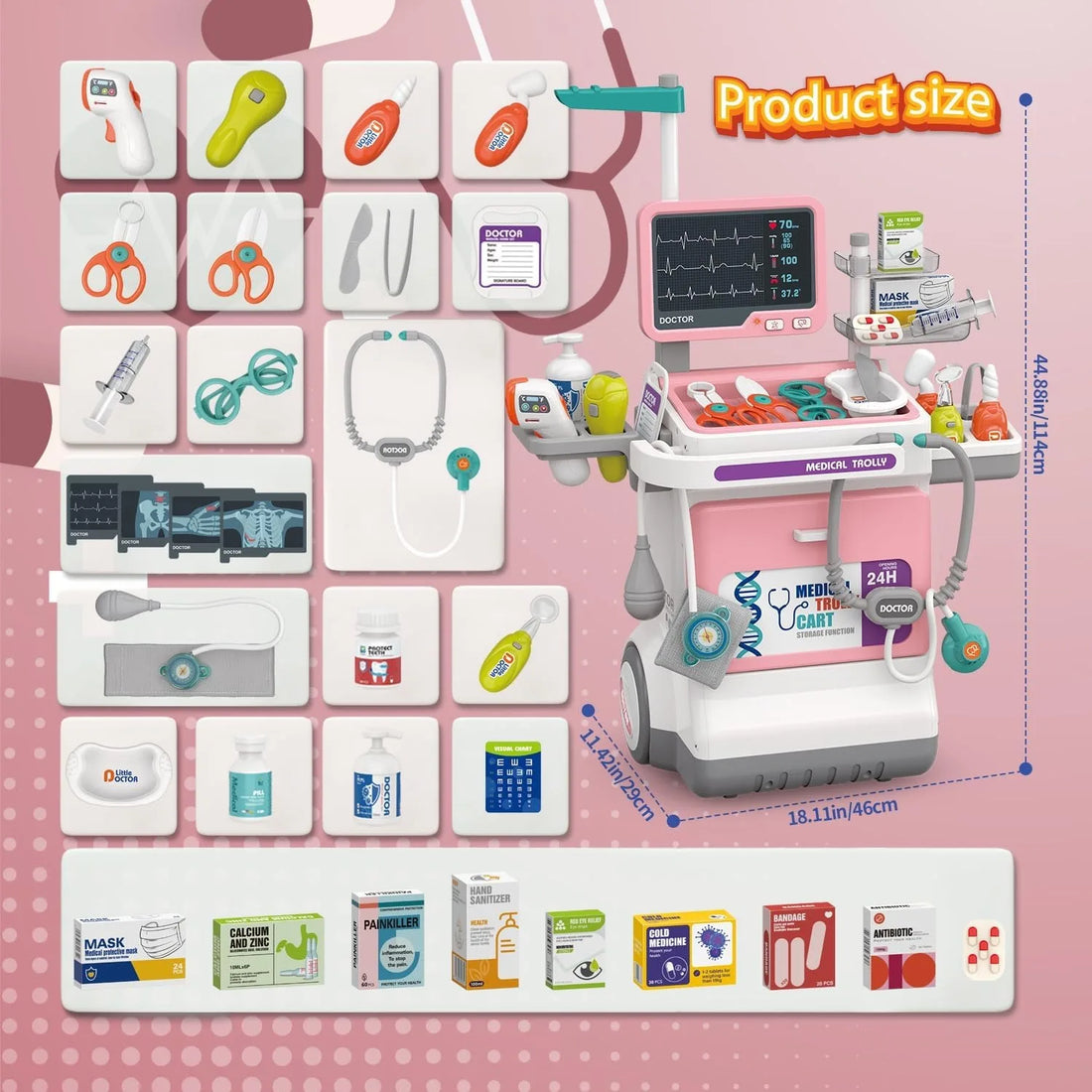 Deluxe Kids Doctor Play Set Pretend Play Medical Cart Trolley ECG Stethoscope Educational Role Play Toy Boys Girls Gift