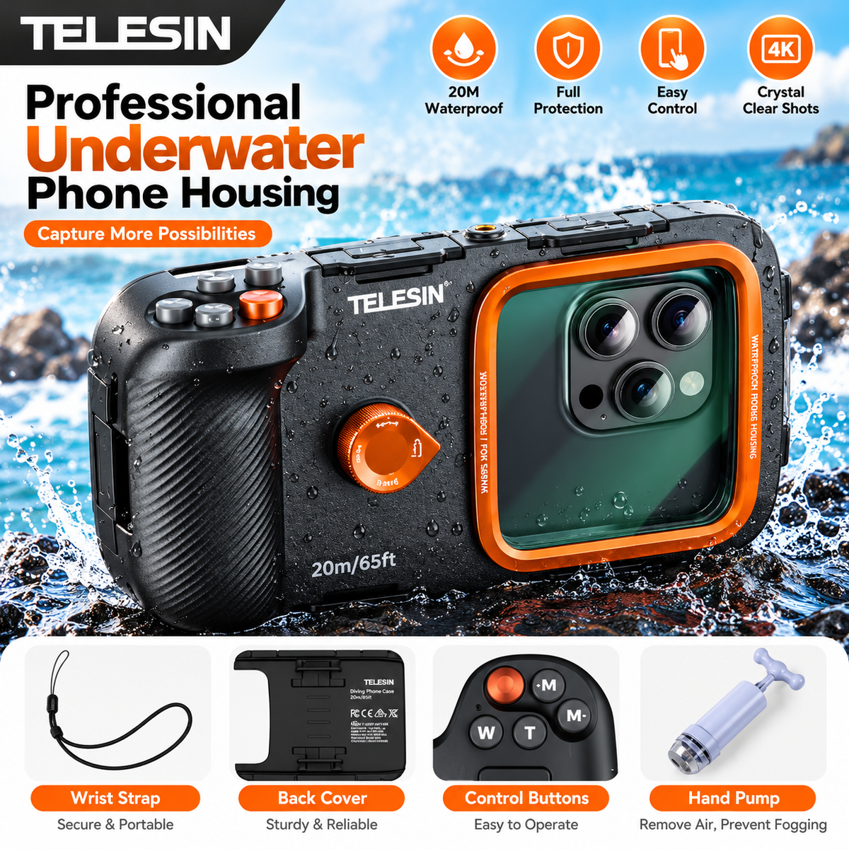TELESIN Diving Waterproof Phone Case Universal Phone Camera with Remote Control