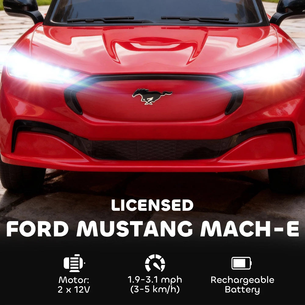12V Kids Ride On Car, Licensed Ford Mustang Mach-E Electric Car with Remote Control, LED Light, Music, Red